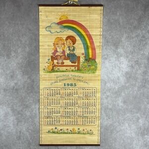 Vintage 1985 Rainbow Calender Wooden Bamboo Hanging Calendar Sunshine Kids Ducks
